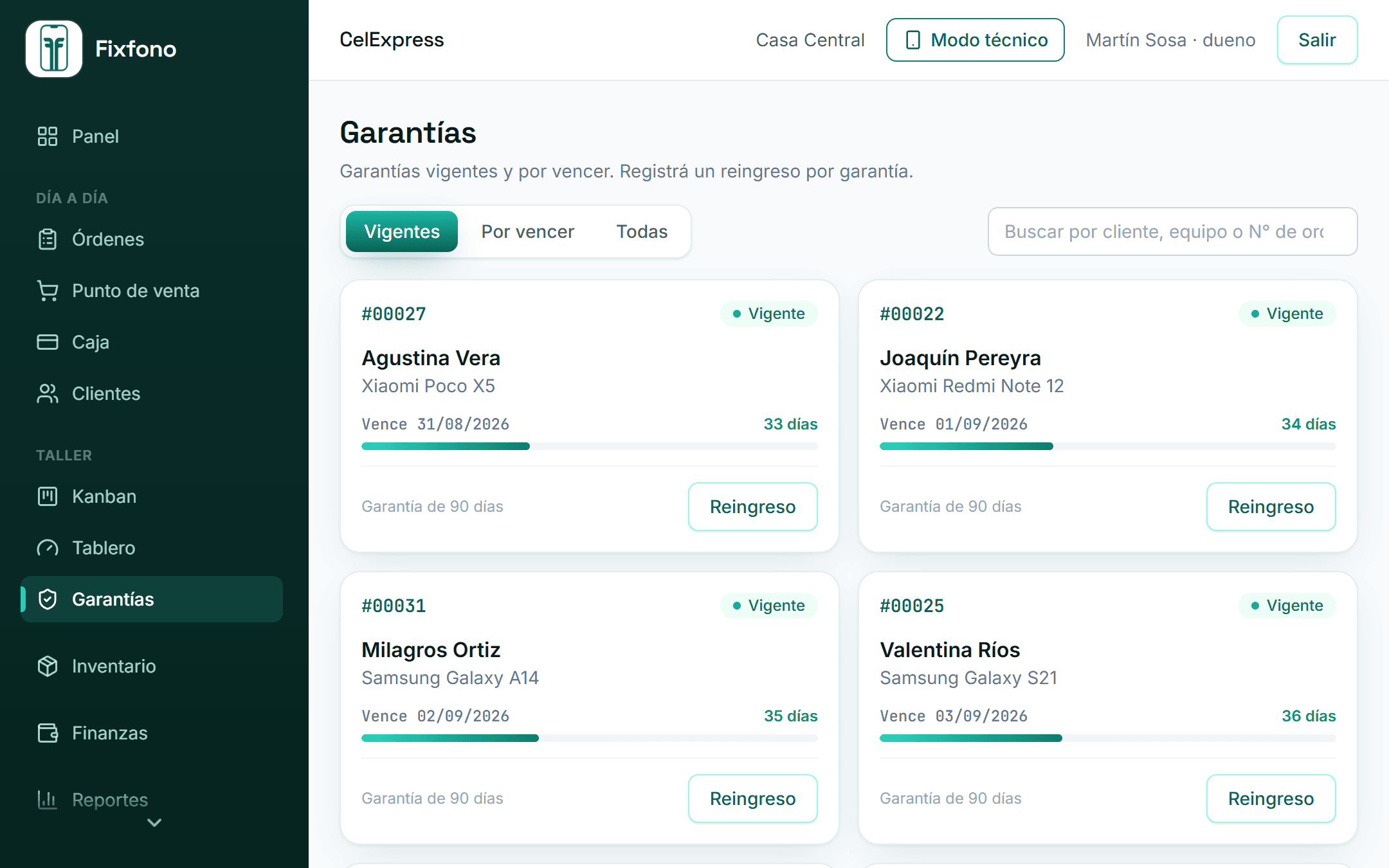 Pantalla de Garantías de Fixfono con las reparaciones vigentes y sus días restantes (datos de demostración).